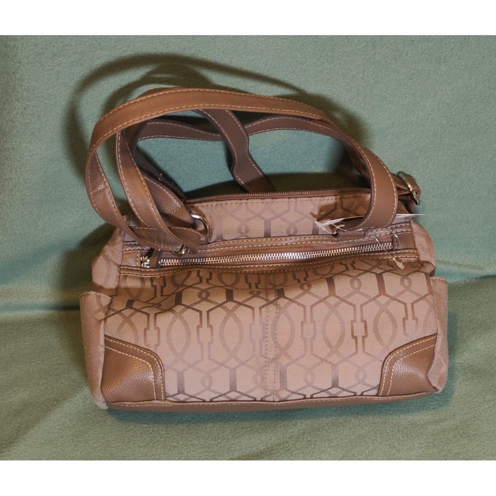 Beige Brown Geometric Print Satchel Handbag Shoulder Purse Double Handle Zip New